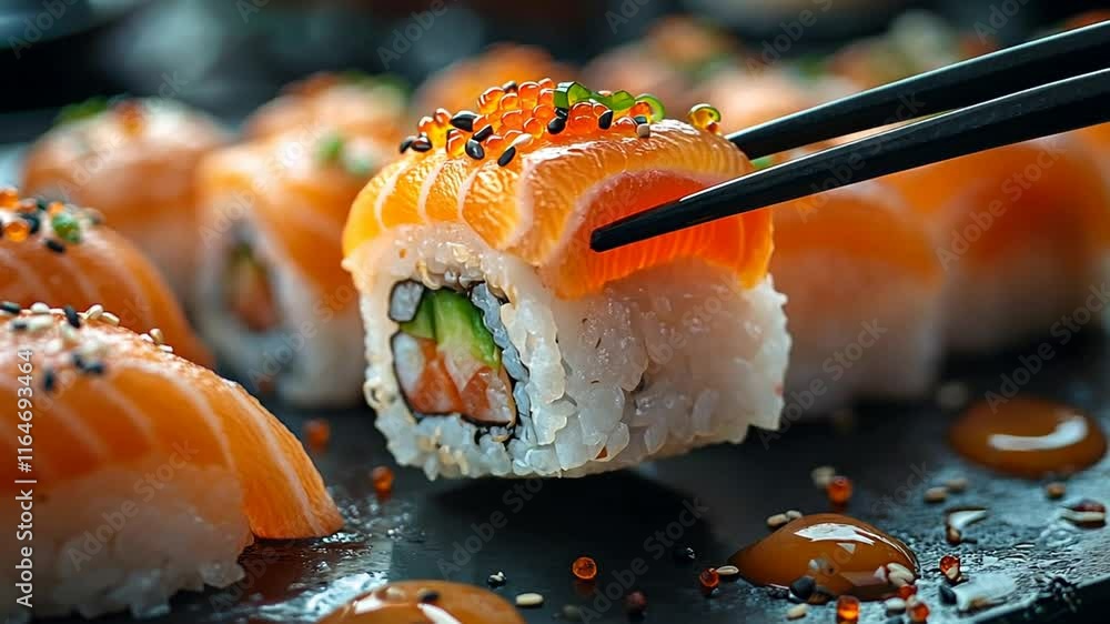 Salmon Sushi with Tobiko and Sesame Seeds Salmon Sushi with Tobiko and Sesame Seeds