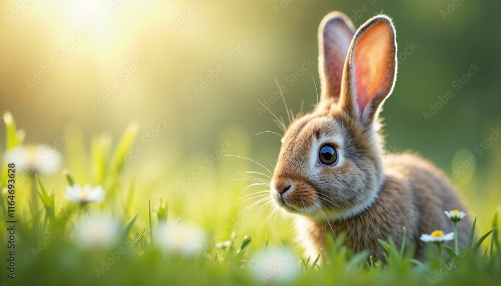 Fototapeta premium Close-up of a bunny's face, serene mood, with soft fur and sparkling eyes in green grass