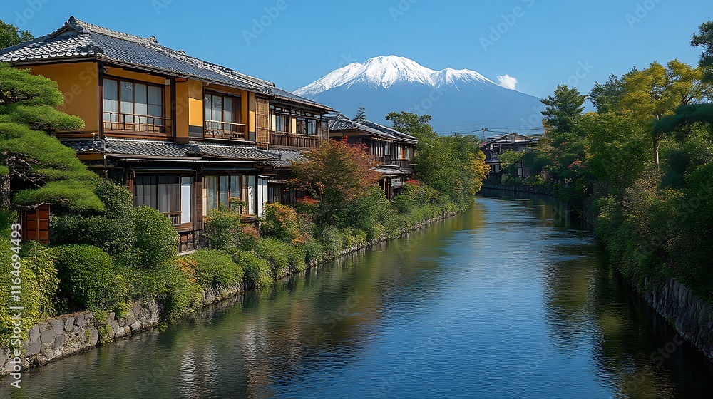 Japanese Houses Line Canal With Mount Fuji In Background Japanese Houses Line Canal With Mount Fuji In Background