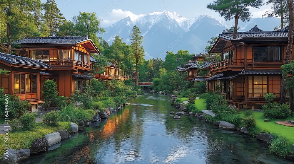 Fototapeta premium Serene Japanese Village nestled beside a tranquil river and mountains