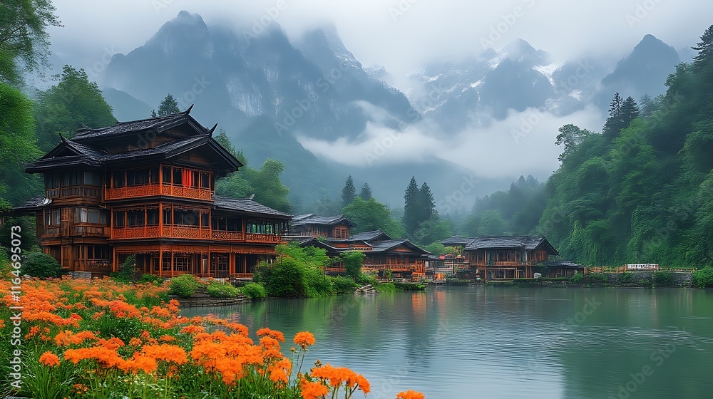 Fototapeta premium Serene Mountain Village Lakeside Houses Amongst Misty Peaks