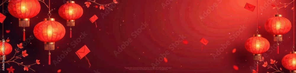 Obraz premium Vibrant lanterns & red envelopes, festive decorations , vector, calligraphy, joyful