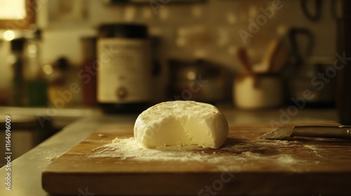 A breadboard with mozzarella cheese on it photo