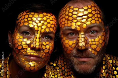 Caucasian adults with artistic golden face paint creating mosaic effect photo