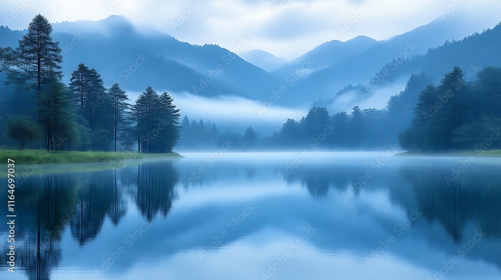 Serene Mountain Lake Mist Shrouded Pines Reflecting Tranquility Serene Mountain Lake Mist Shrouded Pines Reflecting Tranquility