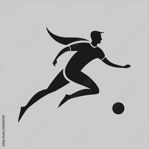 black vector of soccer player silhouette in dynamic movement, minimalist logo style 