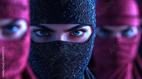 A mysterious trio of ninjas with captivating eyes peer out from behind intricately designed masks, suggesting stealth and secrecy in a dramatic and secretive setting. photo