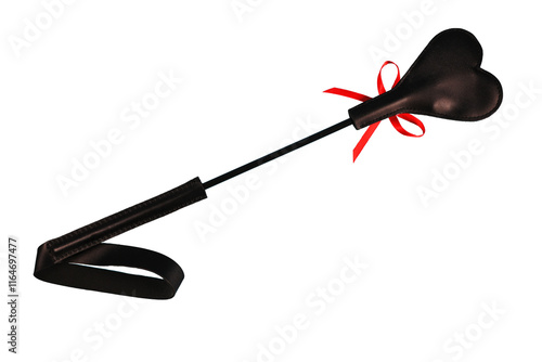 Heart-shaped riding crop disposed by diagonal, isolated on white background. Sex toy or bondage concept. Cut out.