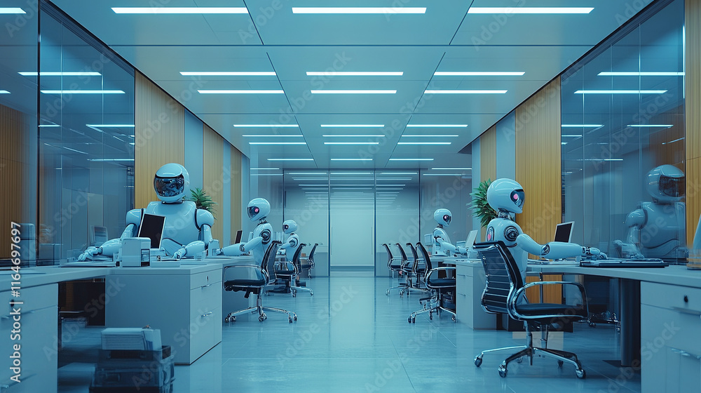 A humanoid robots work at a cluttered desk, typing on a keyboard in a busy office. The environment is filled with documents and monitors, symbolizing AI and automation A humanoid robots work at a cluttered desk, typing on a keyboard in a busy office. The environment is filled with documents and monitors, symbolizing AI and automation