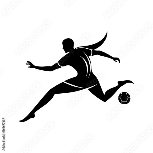 black vector of soccer player silhouette in dynamic movement, minimalist logo style