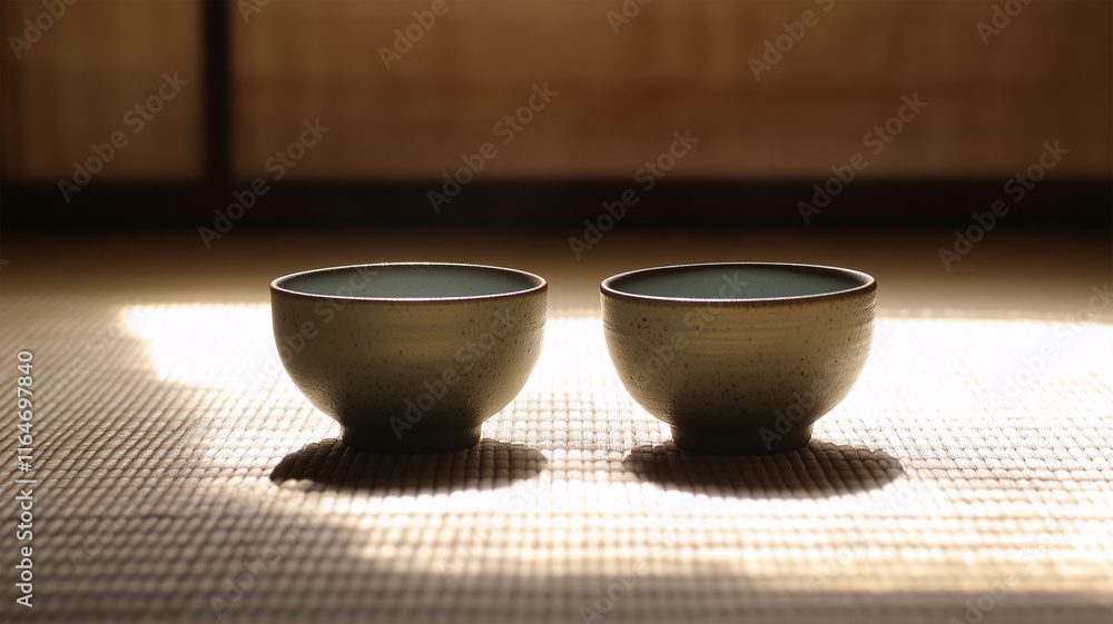 静寂の中に寄り添う湯飲み二客と畳の調べ 静寂の中に寄り添う湯飲み二客と畳の調べ