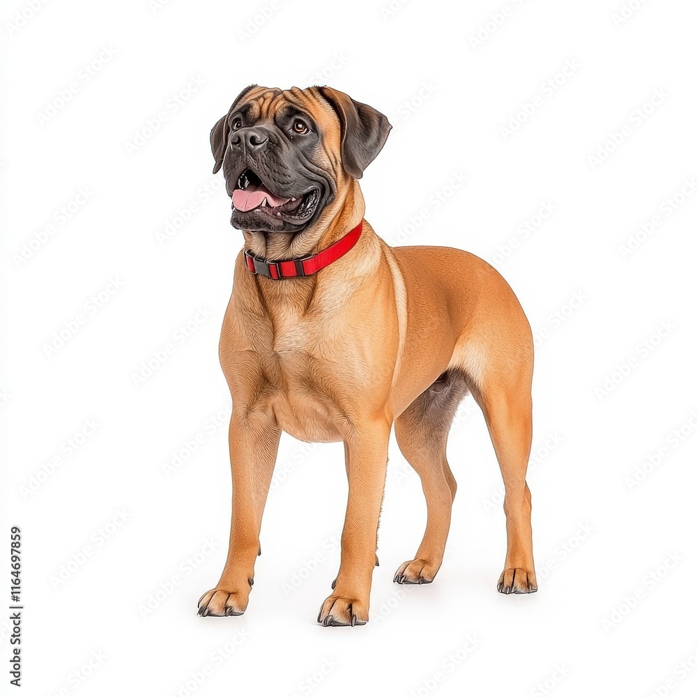 A playful Mastiff with a red collar, standing proudly. Perfect for pet lovers and animal enthusiasts. A playful Mastiff with a red collar, standing proudly. Perfect for pet lovers and animal enthusiasts.
