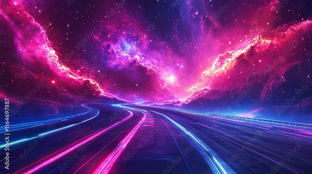 Obraz premium Neon Highway Leading Through A Cosmic Nebula