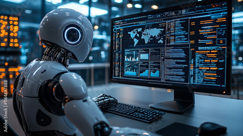 A humanoid robot working at a cluttered desk, typing on a keyboard in a busy office. The environment is filled with documents and monitors, symbolizing AI and automation