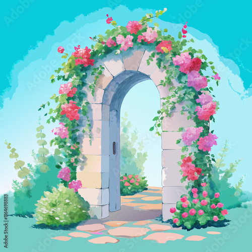 Charming Watercolor Illustration of a Romantic Arched Garden Gate with Climbing Flowers। Heaven's Gate