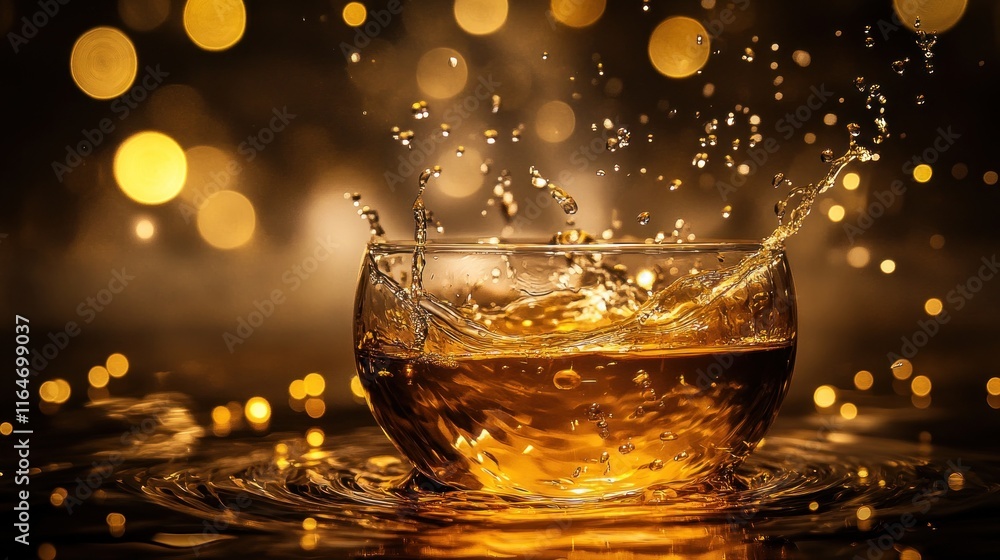 Amber liquid splashing in a glass against a bokeh background. Amber liquid splashing in a glass against a bokeh background.