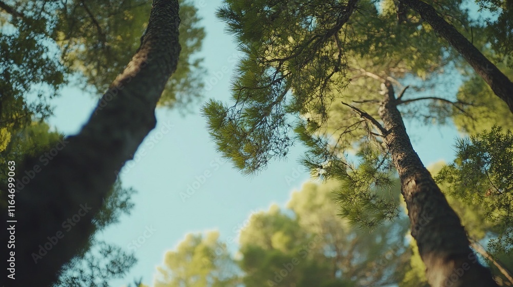 Fototapeta premium Low angle view of tall pine trees in a forest, sunlight filtering through the canopy.