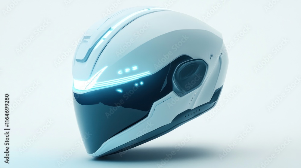 Futuristic white helmet with blue LED lights, isolated on white background. Futuristic white helmet with blue LED lights, isolated on white background.