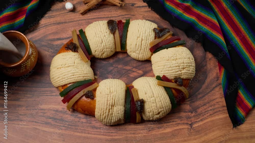 Traditional Rosca de Reyes Magos, Mexican woman fills a clay cup with Mexican hot chocolate, January 6, Epiphany Day Traditional Rosca de Reyes Magos, Mexican woman fills a clay cup with Mexican hot chocolate, January 6, Epiphany Day