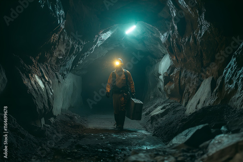 A Miner in a High-Visibility Uniform and Headlamp Walking Through an Underground Tunnel, Carrying Equipment with Rock Walls and Mining Gear in the Background