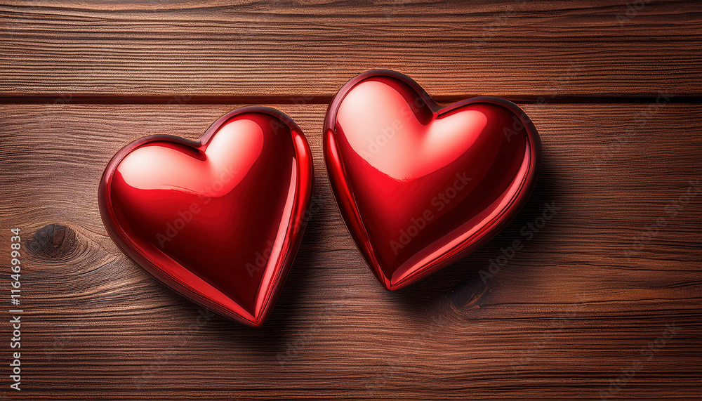 Two shiny red metallic hearts lie side by side on a rustic wooden surface. Two shiny red metallic hearts lie side by side on a rustic wooden surface.