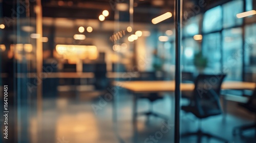 Wallpaper Mural A modern office interior showcases glass walls and a blurred view of a professional workspace, featuring sleek conference tables and ergonomic chairs in a well-lit environment. Torontodigital.ca