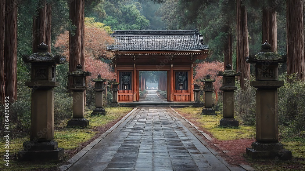 Serene Temple Pathway Through Ancient Trees Serene Temple Pathway Through Ancient Trees