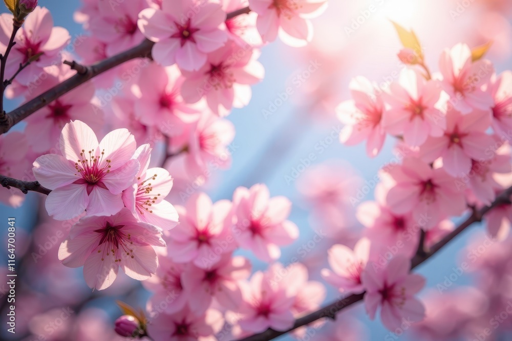Delicate pink cherry blossoms frame a vibrant spring scene , beautiful, pastel Delicate pink cherry blossoms frame a vibrant spring scene , beautiful, pastel