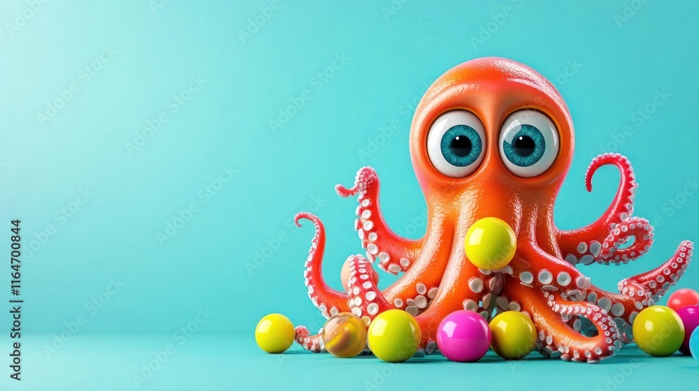 Fototapeta premium Cute cartoon octopus with colorful balls on blue background.