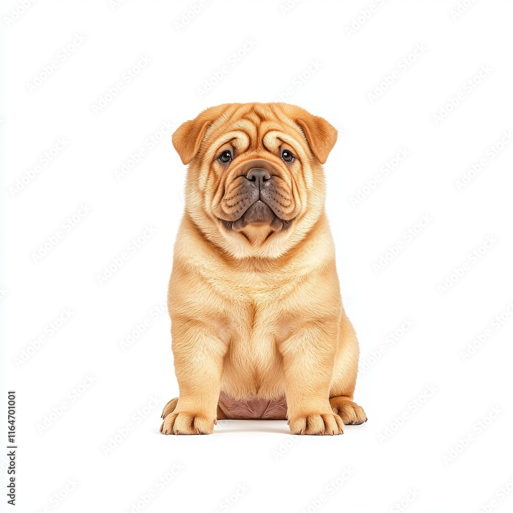 Adorable and fluffy Shar Pei puppy sitting confidently, showcasing its unique wrinkles and charming expression. Adorable and fluffy Shar Pei puppy sitting confidently, showcasing its unique wrinkles and charming expression.