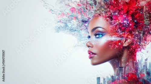 Abstract portrait of a woman with vibrant, colorful hair and city skyline incorporated into her features.
