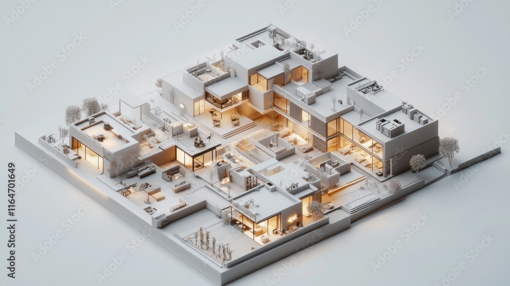 Isometric view of a modern, minimalist residential complex at night, illuminated interiors. Isometric view of a modern, minimalist residential complex at night, illuminated interiors.