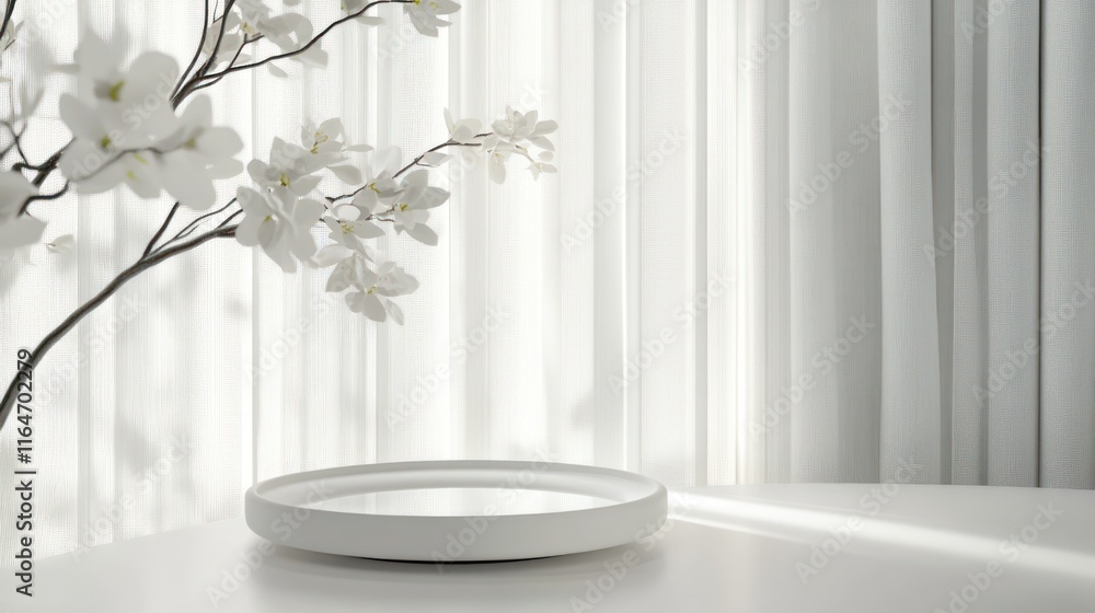 Fototapeta premium White platform on table with white flowers and sheer curtains.