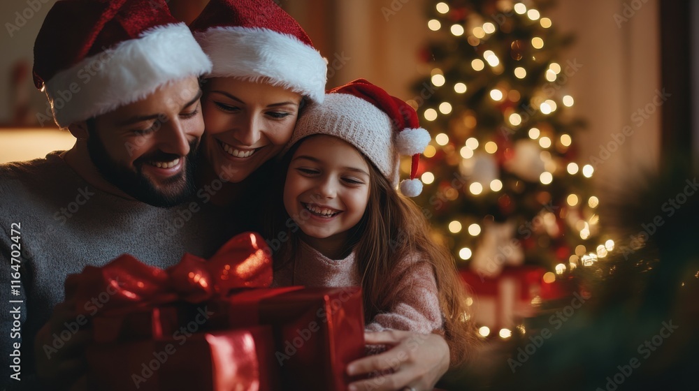 Beautiful smiling parents in santa hats giving xmas gift to their daughter, celebrating Christmas at home, copy space Beautiful smiling parents in santa hats giving xmas gift to their daughter, celebrating Christmas at home, copy space