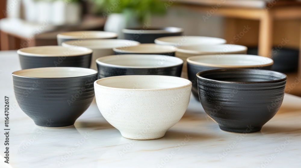 Collection of minimalist black and white ceramic bowls on a marble table. Collection of minimalist black and white ceramic bowls on a marble table.