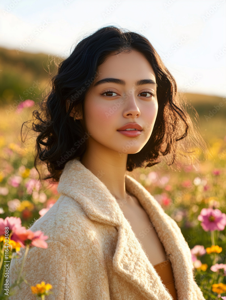 Naklejka premium Model in Breezy Outfit in Sunlit Wildflower Field
