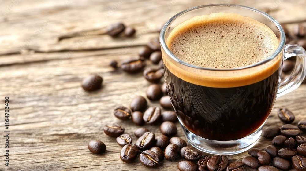 Espresso in a glass cup on wooden table with coffee beans. Espresso in a glass cup on wooden table with coffee beans.