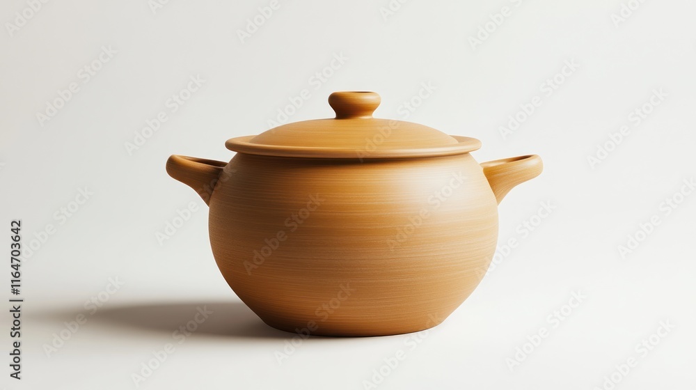 Tan ceramic pot with lid and handles on white background. Tan ceramic pot with lid and handles on white background.