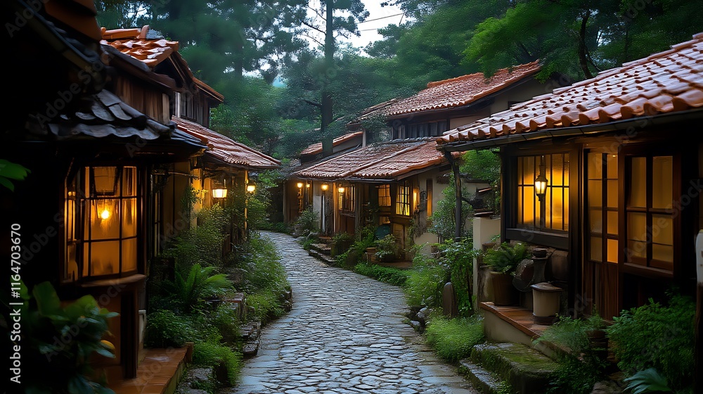 Tranquil Evening Scene In A Japanese Village Street Tranquil Evening Scene In A Japanese Village Street