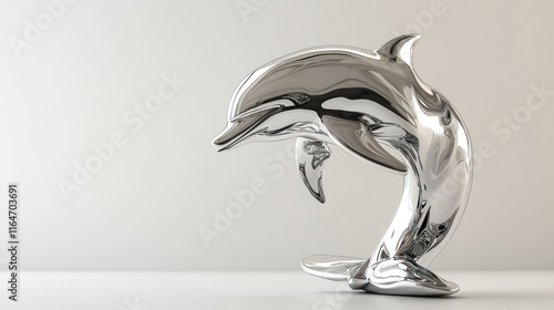 Chrome dolphin sculpture leaping, isolated on white background. photo