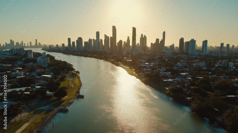 Obraz premium Aerial View of Urban Expansion Near Waterways