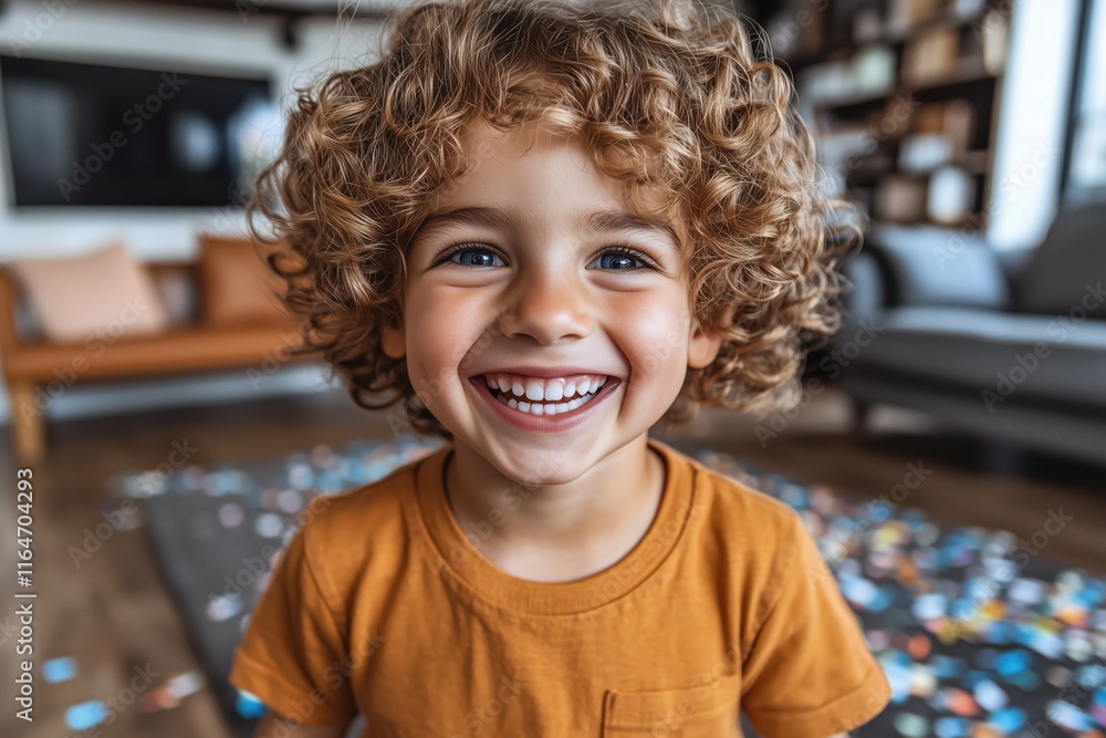 Child joyfully bursts into laughter while enjoying playful moments at home surrounded by colorful confetti Child joyfully bursts into laughter while enjoying playful moments at home surrounded by colorful confetti