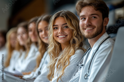 Medical students in white lab coats taking notes during lecture, professor gesturing at presentatio photo