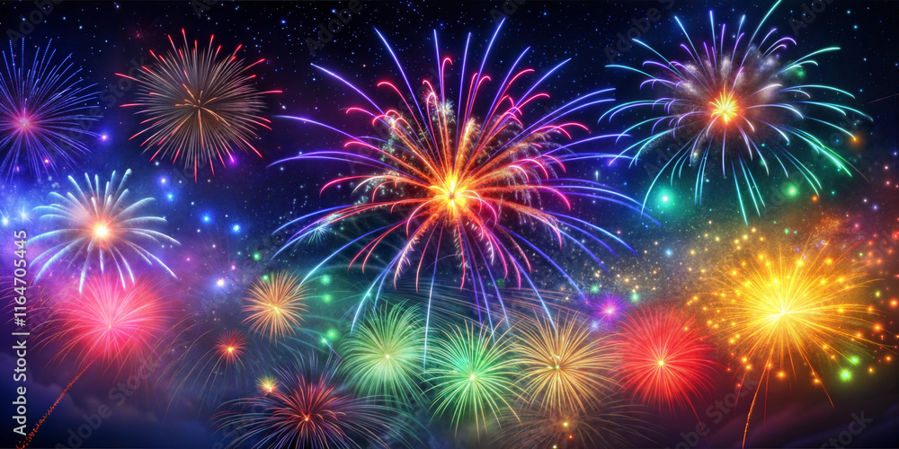 Fototapeta premium Colorful fireworks display exploding in a night sky, vibrant and festive celebration with sparkling glitter effects, perfect for holiday or party themes.
