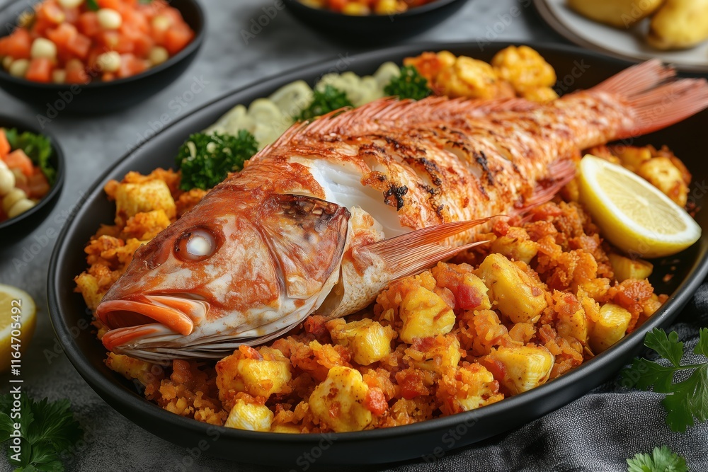 Whole steamed fish served on a bed of flavorful seasoned rice with garnishes for a family gathering Whole steamed fish served on a bed of flavorful seasoned rice with garnishes for a family gathering