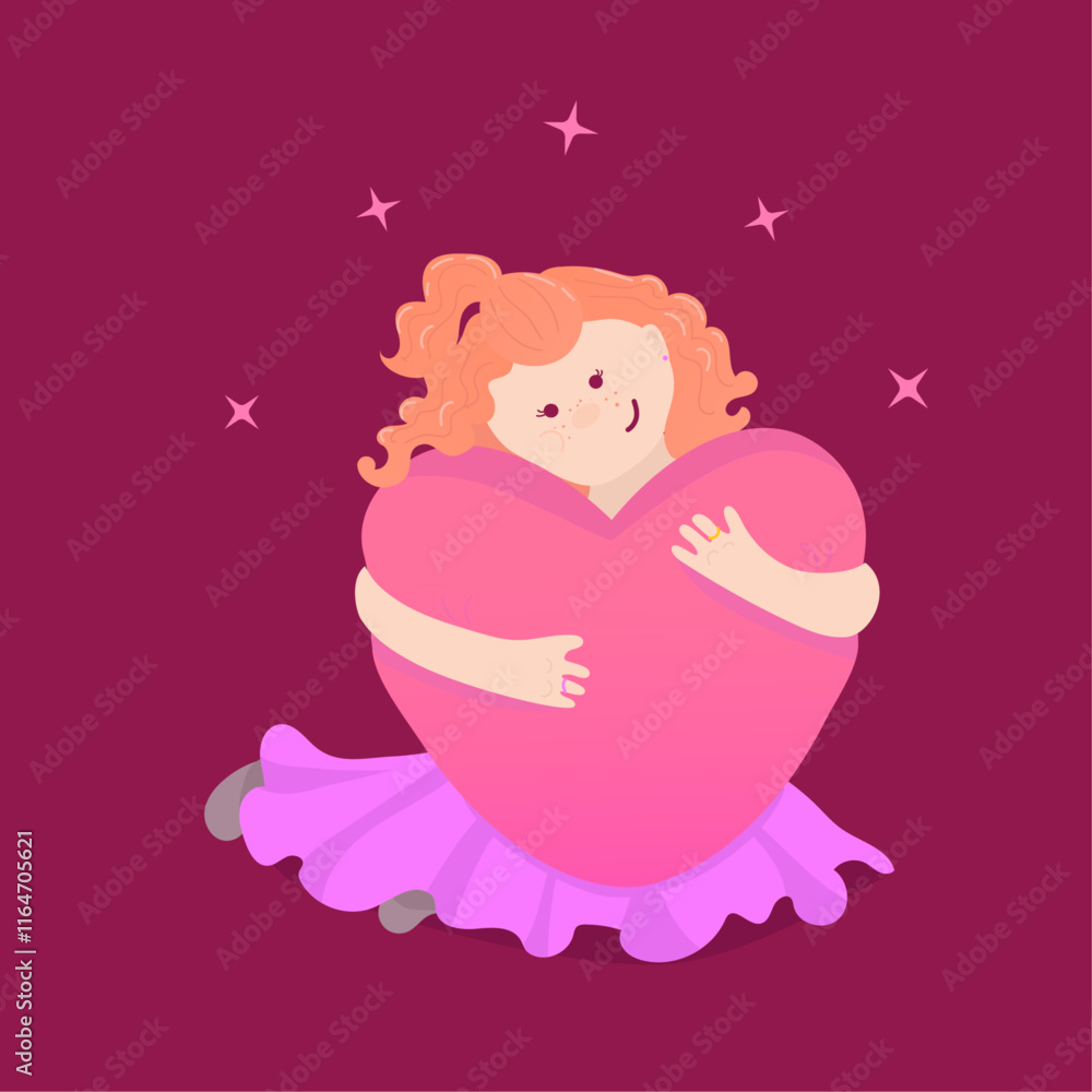 Red-haired girl hugging big pink heart sitting on knees on burgundy background Red-haired girl hugging big pink heart sitting on knees on burgundy background