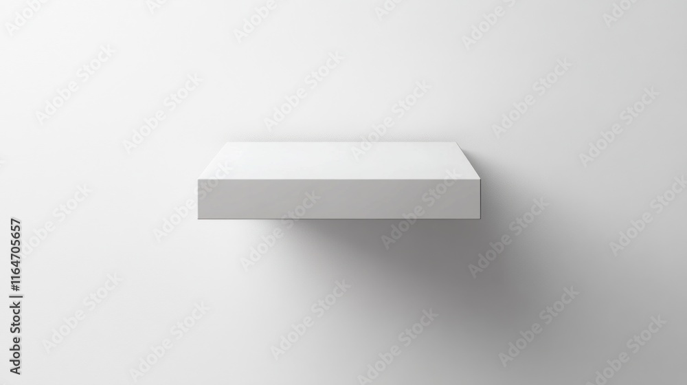 Minimalist white floating shelf on a white wall.