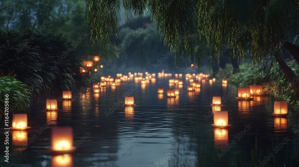 Fototapeta premium A serene river with dozens of small Chinese lanterns floating on the water surface. The lanterns reflect in the calm, dark water, creating a peaceful and magical ambiance. 