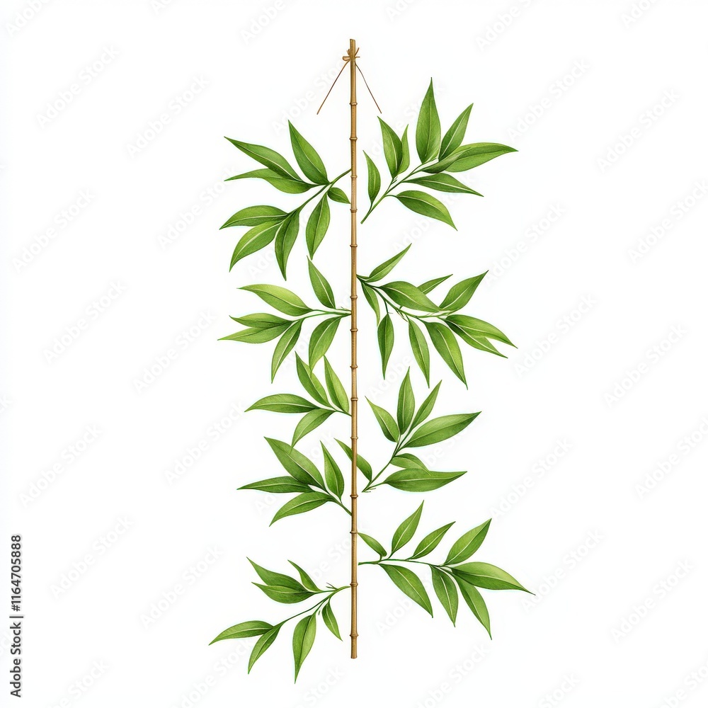 Naklejka premium A beautiful illustration of green leaves on a bamboo stick, perfect for nature-themed projects.
