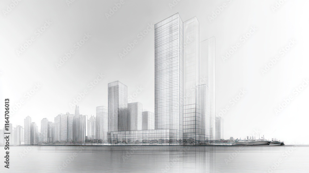 Naklejka premium Wireframe cityscape architectural rendering, modern buildings reflected in water.